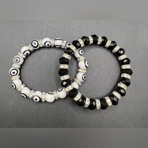 White Evil Eye Beads and rhinestones Stretch and Black and rhinestones set